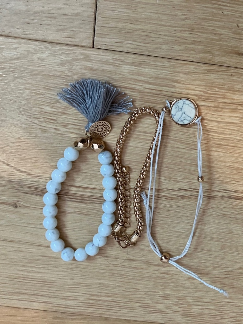 Boho Chic White Marble & Gold Stacked Bracelet Set with Tassel (3 piece set)